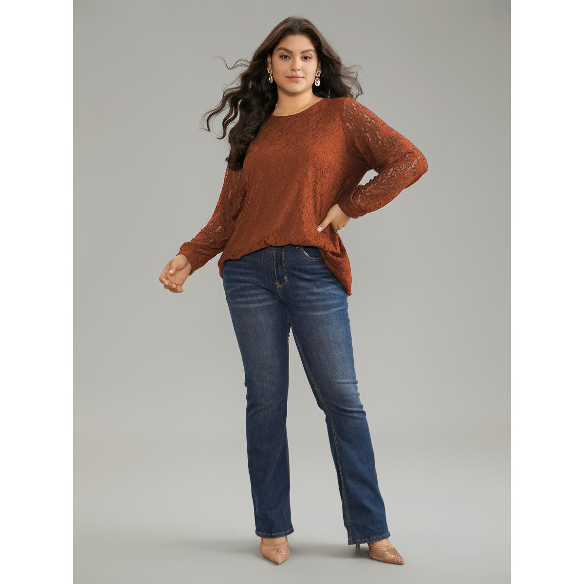 Plus Size Rust Solid Crochet Lace Mesh Crew Neck Blouse Women Cocktail Long Sleeve Round Neck Party Blouses BloomChic 14-16/1X Product Image