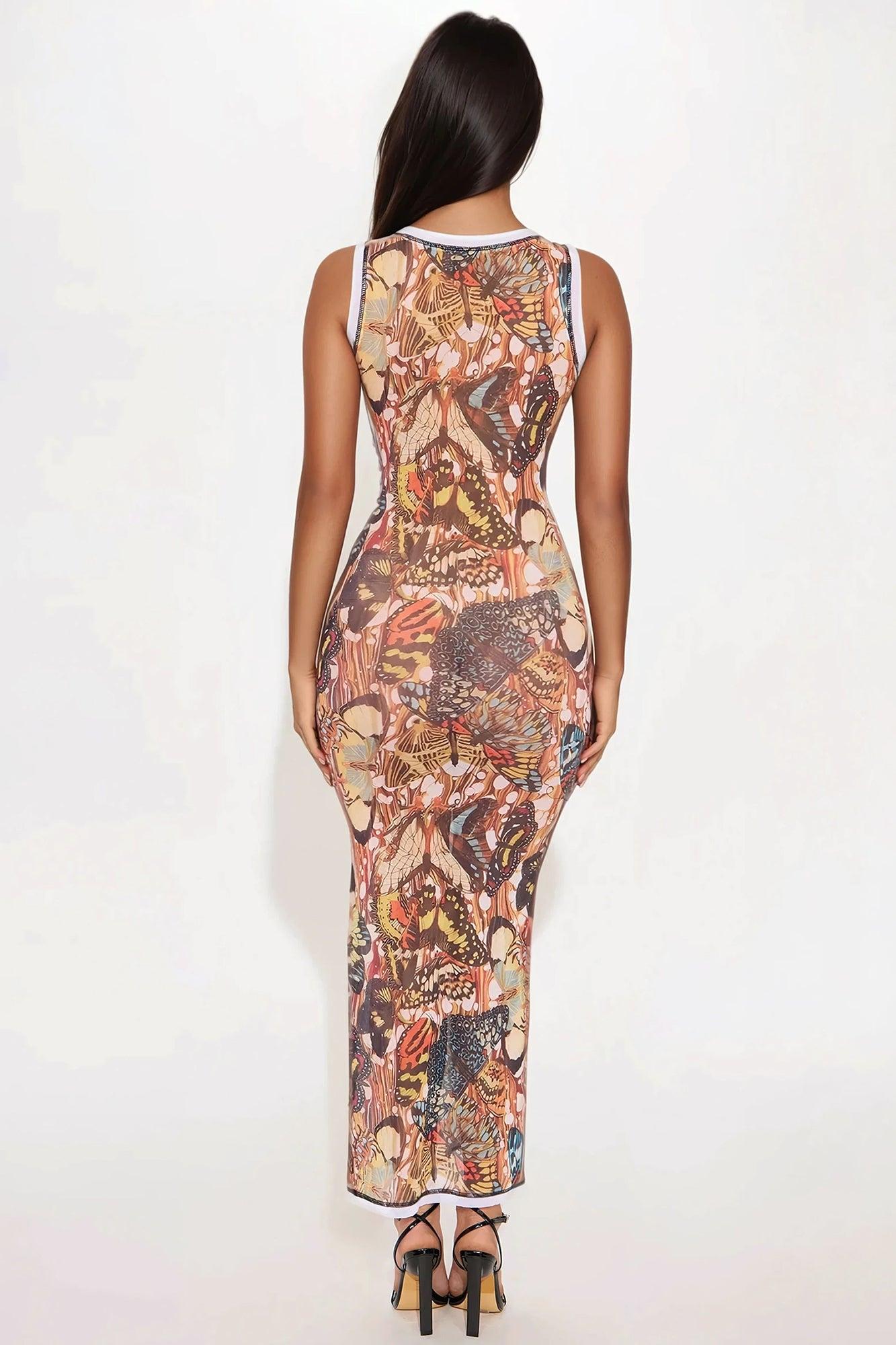 Brittney Butterfly Lace Up Mesh Cover Up Maxi Dress - Tan/Multi Product Image