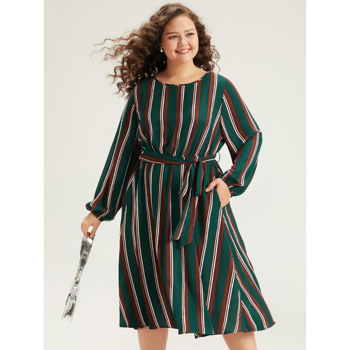 Plus Size Striped Contrast Crew Neck Belted Dress Multicolor Women Office Elastic cuffs Round Neck Long Sleeve Curvy Midi Dress BloomChic 22-24/3X Product Image