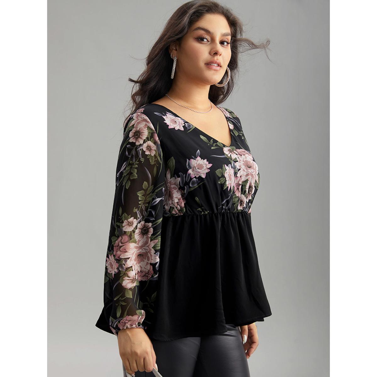Plus Size Black Floral Print Patchwork Elastic Waist Lantern Sleeve Blouse Women Elegant Long Sleeve V-neck Going out Blouses BloomChic 14-16/1X Product Image