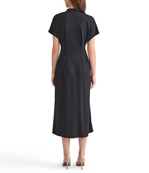 MISOOK Stand Collar V-Neck Short Dolman Sleeve Button Front Midi Shirt Dress Product Image