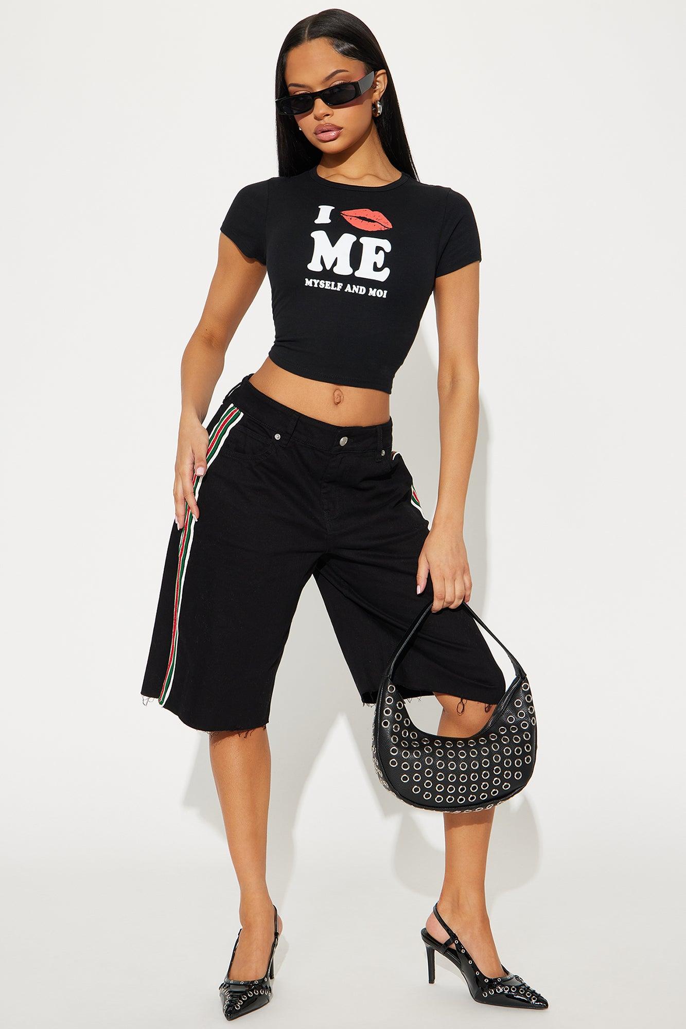 Making An Appearance Stretch Stripe Denim Jorts - Black Product Image