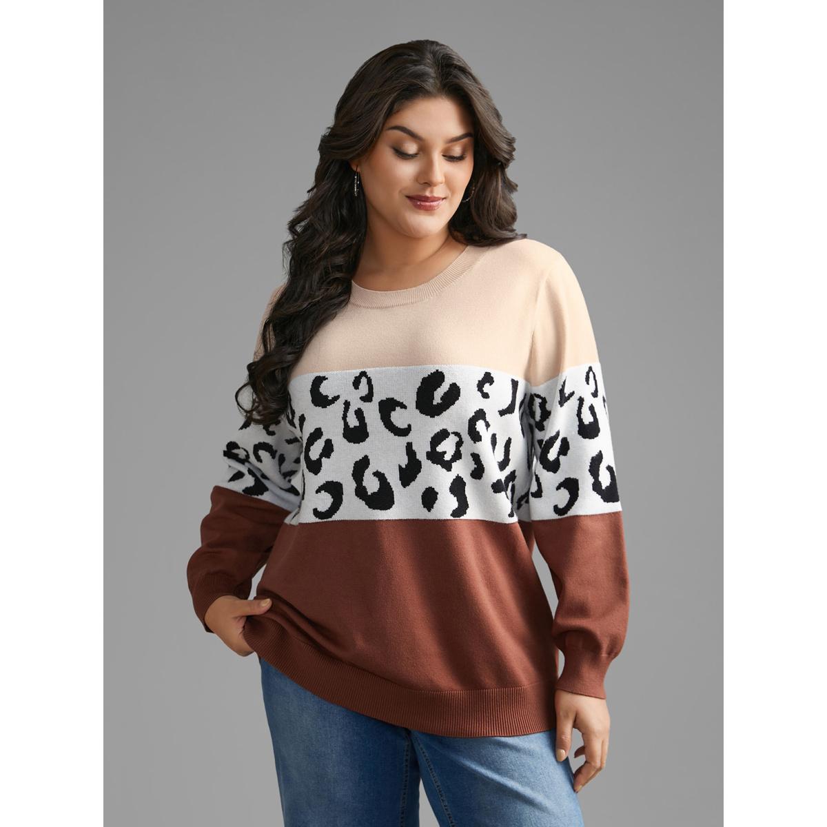 Plus Size Crew Neck Leopard Print Contrast Pullover Browncoffeecolor Women Casual Loose Long Sleeve Round Neck Everyday Pullovers BloomChic 28/5X Product Image