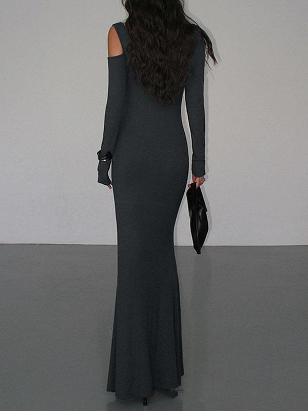 Long Sleeves Skinny Hollow Solid Color Cold Shoulder Maxi Dresses Product Image