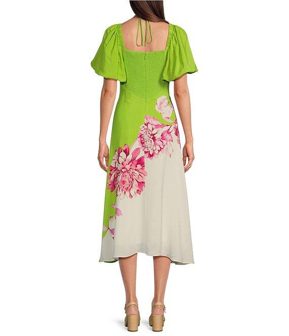 Alex Marie Monroe Floral Short Puff Sleeve Sweetheart Halter Tie Neck A-Line Midi Dress Product Image