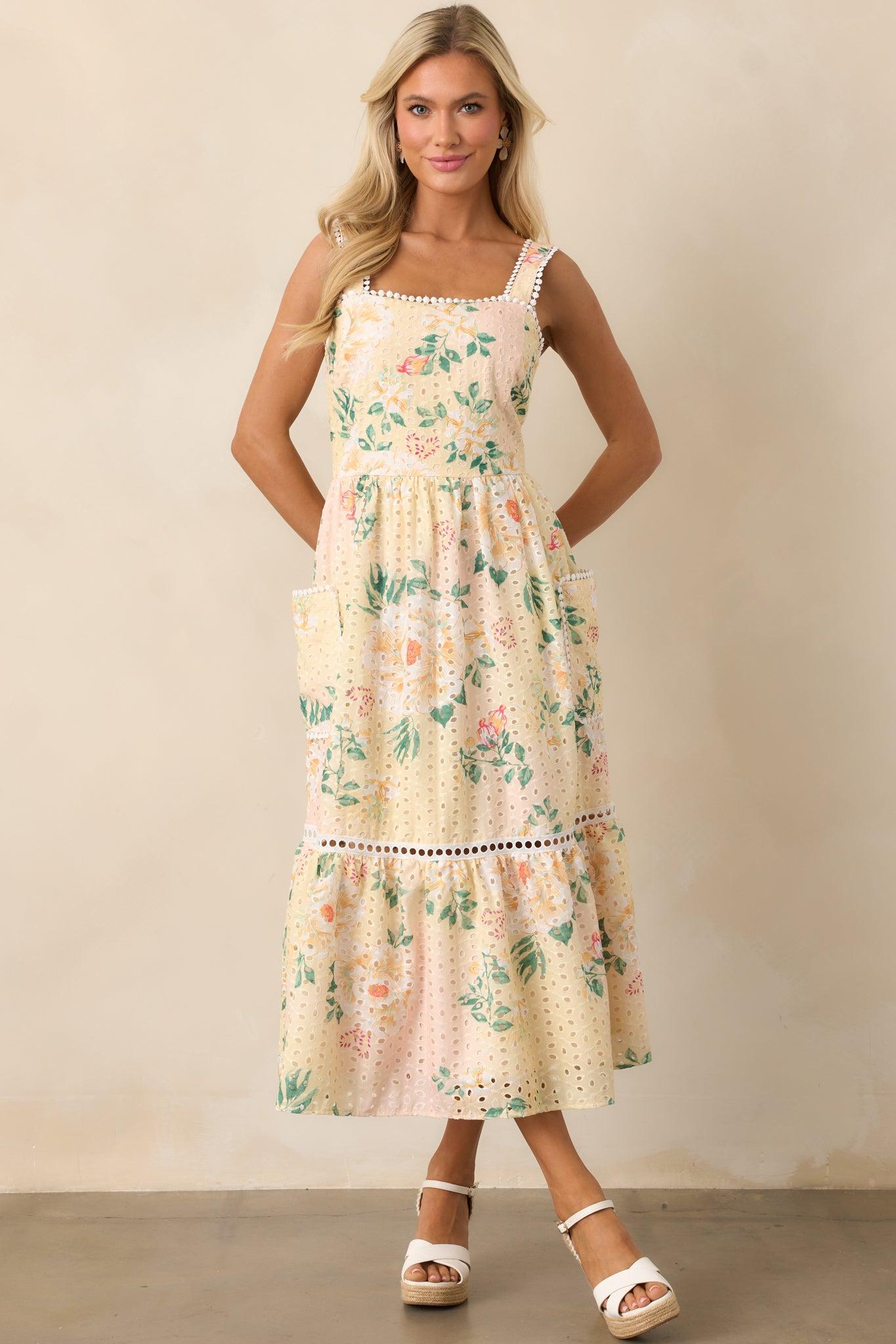 Champagne Toast Yellow Floral Embroidered Midi Dress Product Image