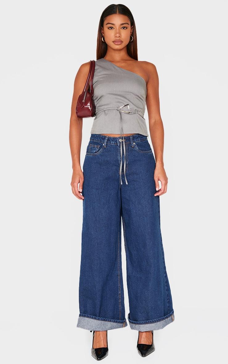 Grey One Shoulder Belt Buckle Detail Long Top Product Image
