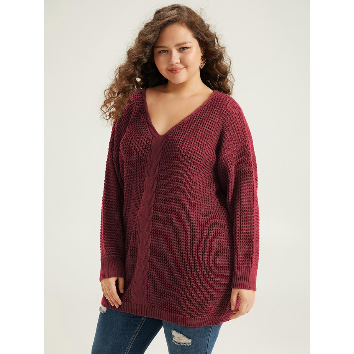 Plus Size Cable Knit Plain Elastic Cuffs Pullover Burgundy Women Casual Loose Long Sleeve V-neck Dailywear Pullovers BloomChic 10/M Product Image