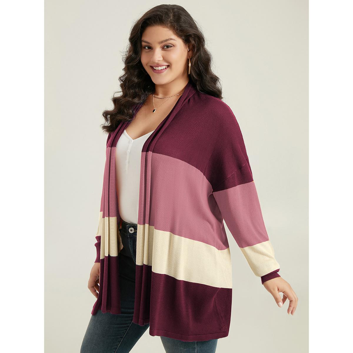 Plus Size Supersoft Essentials Colorblock Contrast Cardigan Burgundy Women Casual Loose Long Sleeve Dailywear Cardigans BloomChic 22-24/3X Product Image