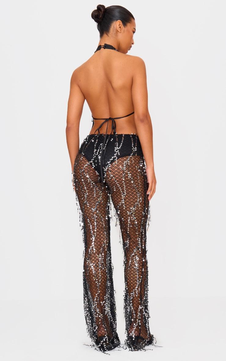 Black Sequin Fishnet Halterneck Jumpsuit Product Image