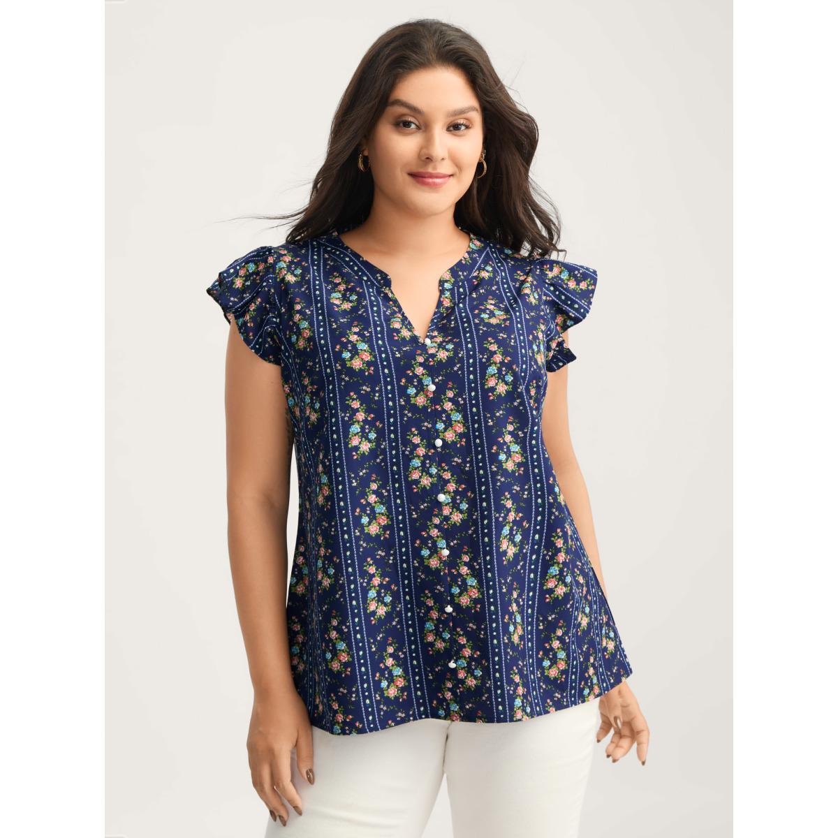 Plus Size DarkBlue Floral Stripes Flutter Sleeve Blouse Women Timeless Cap Sleeve Flat collar with V-notch Elegant Blouses BloomChic 18-20/2X Product Image