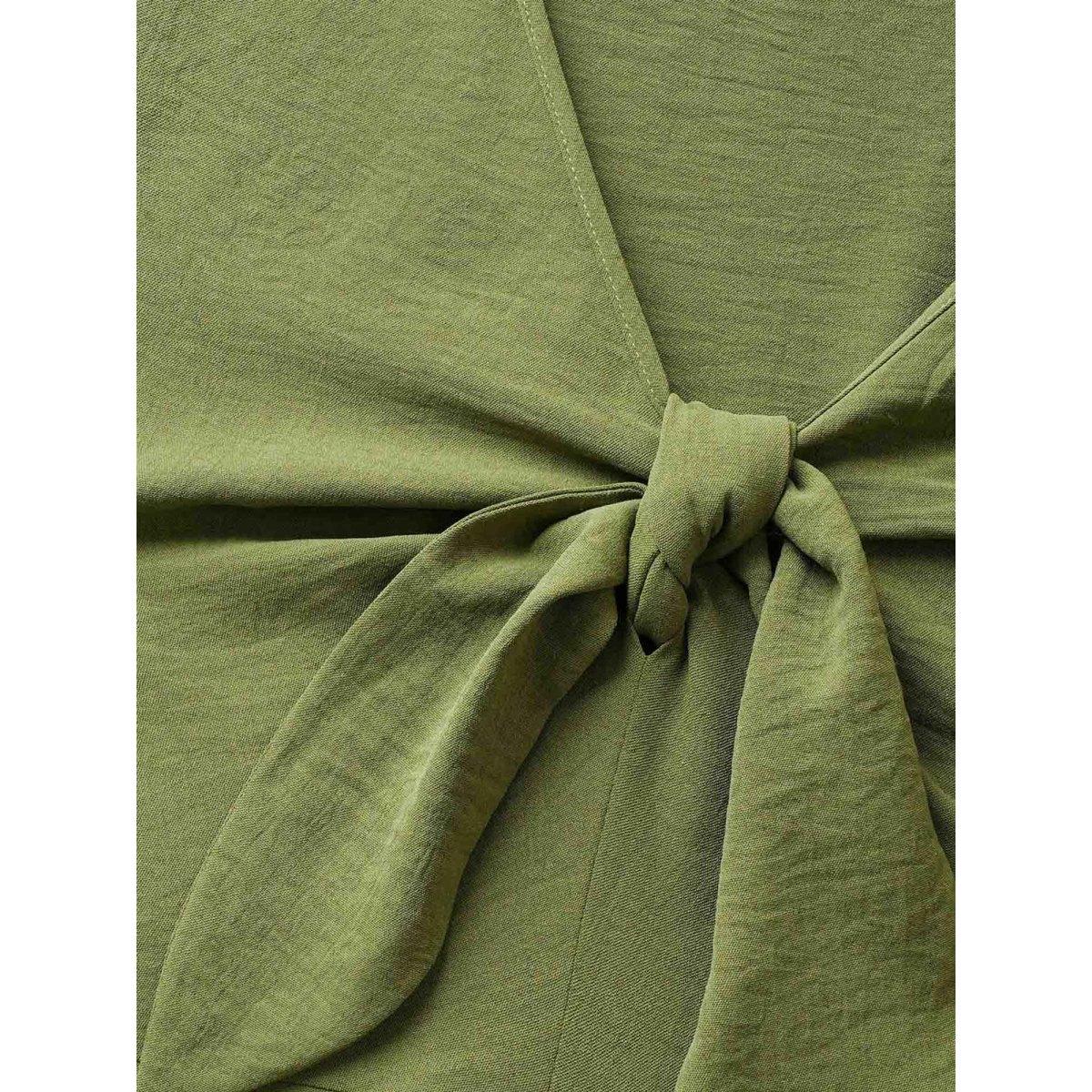 Plus Size Plain Tie Knot Button Detail Shirred Dress ArmyGreen Women At the Office Tie knot V-neck Short sleeve Curvy Midi Dress BloomChic 18-20/2X Product Image
