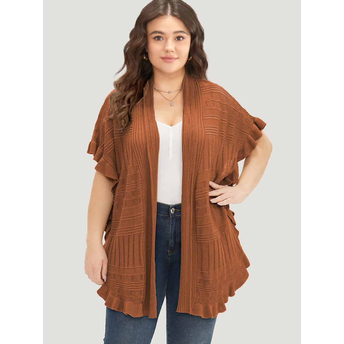 Plus Size Anti-Pilling Plain Ruffles Split Hem Dolman Sleeve Cardigan Rust Women Casual Loose Short sleeve Everyday Cardigans BloomChic 30/6X Product Image