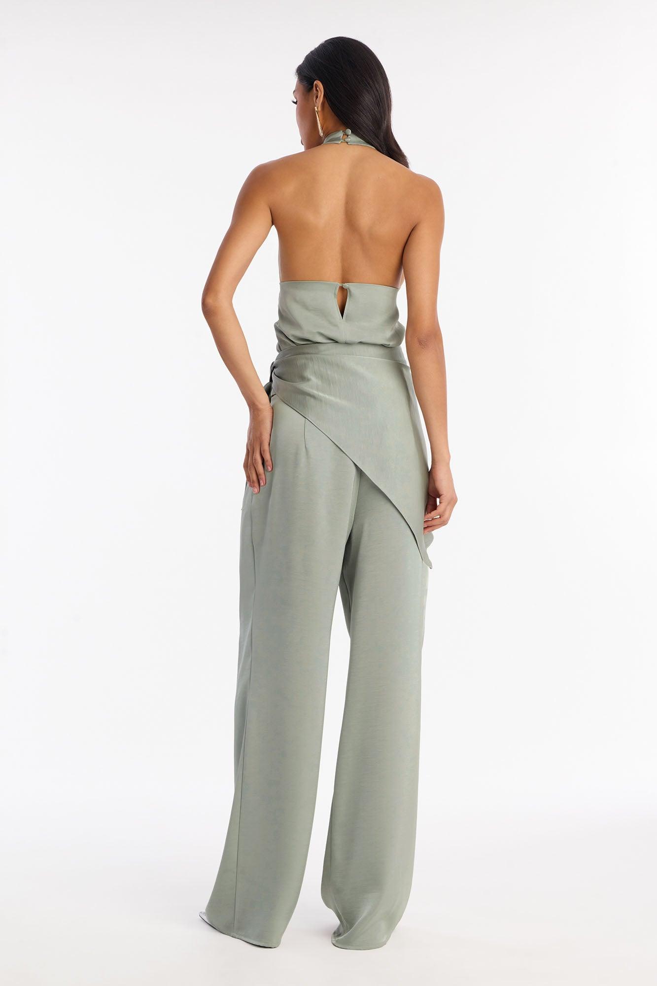 Hailey Satin Halter Bodysuit 3 Piece Pant Set - Sage Female Product Image