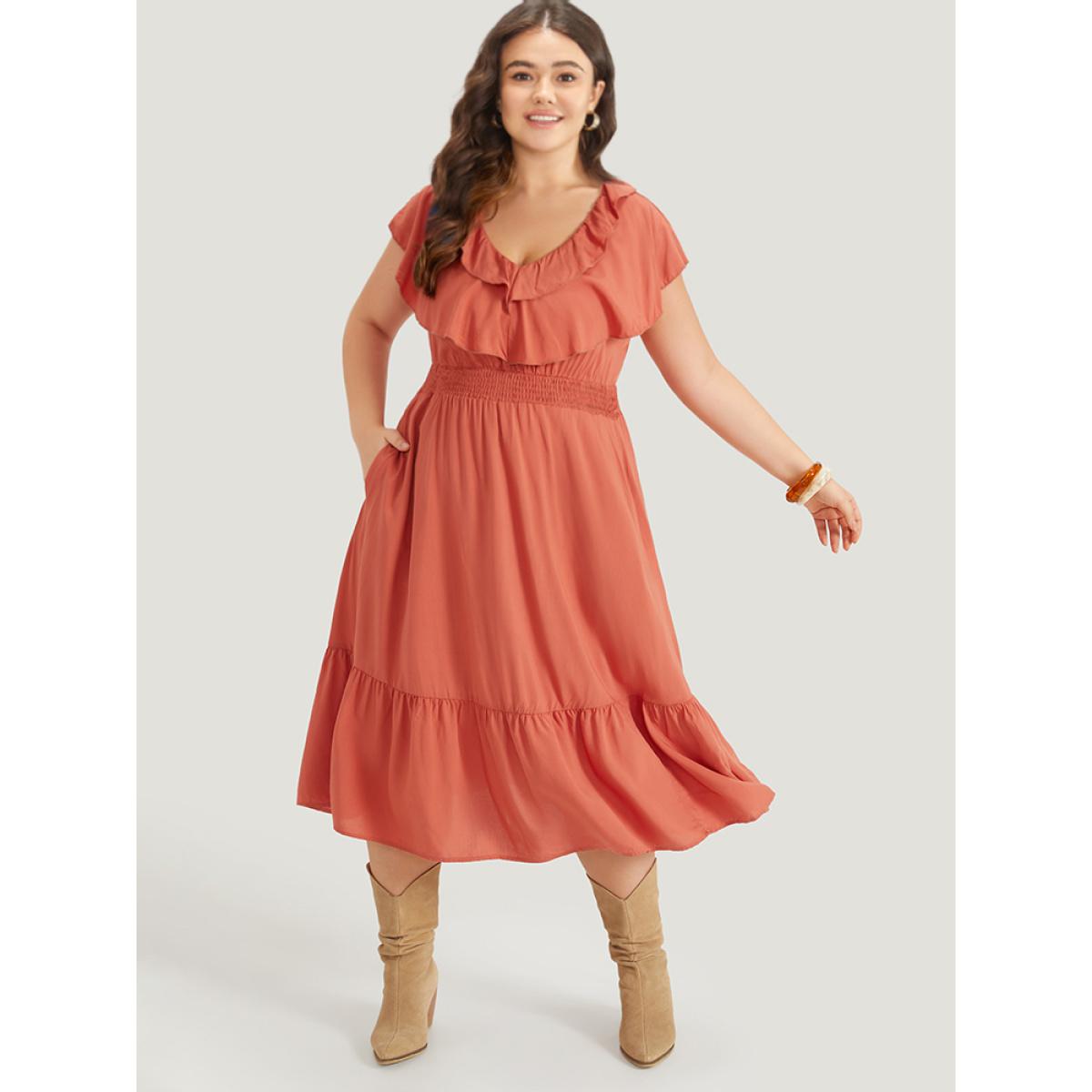 Plus Size Solid Pocket Ruffle Trim Layered Shirred Dress Coral Women Vacation Plain V-neck Sleeveless Curvy Midi Dress BloomChic 30/6X Product Image
