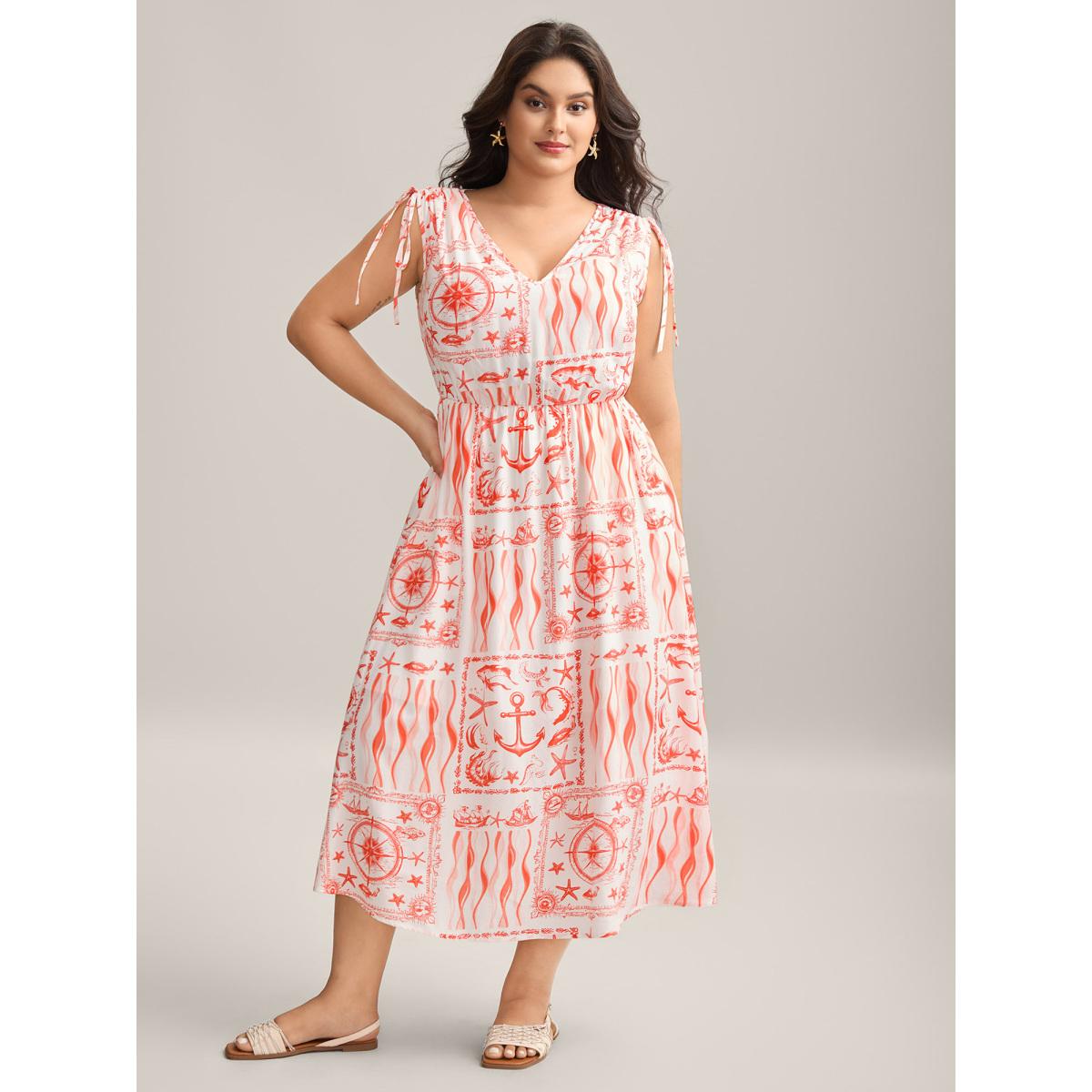 Plus Size Nautical Print Sleeveless Ties Pockets Maxi Dress Coral Women V-neck Sleeveless Curvy BloomChic 18-20/2X Product Image