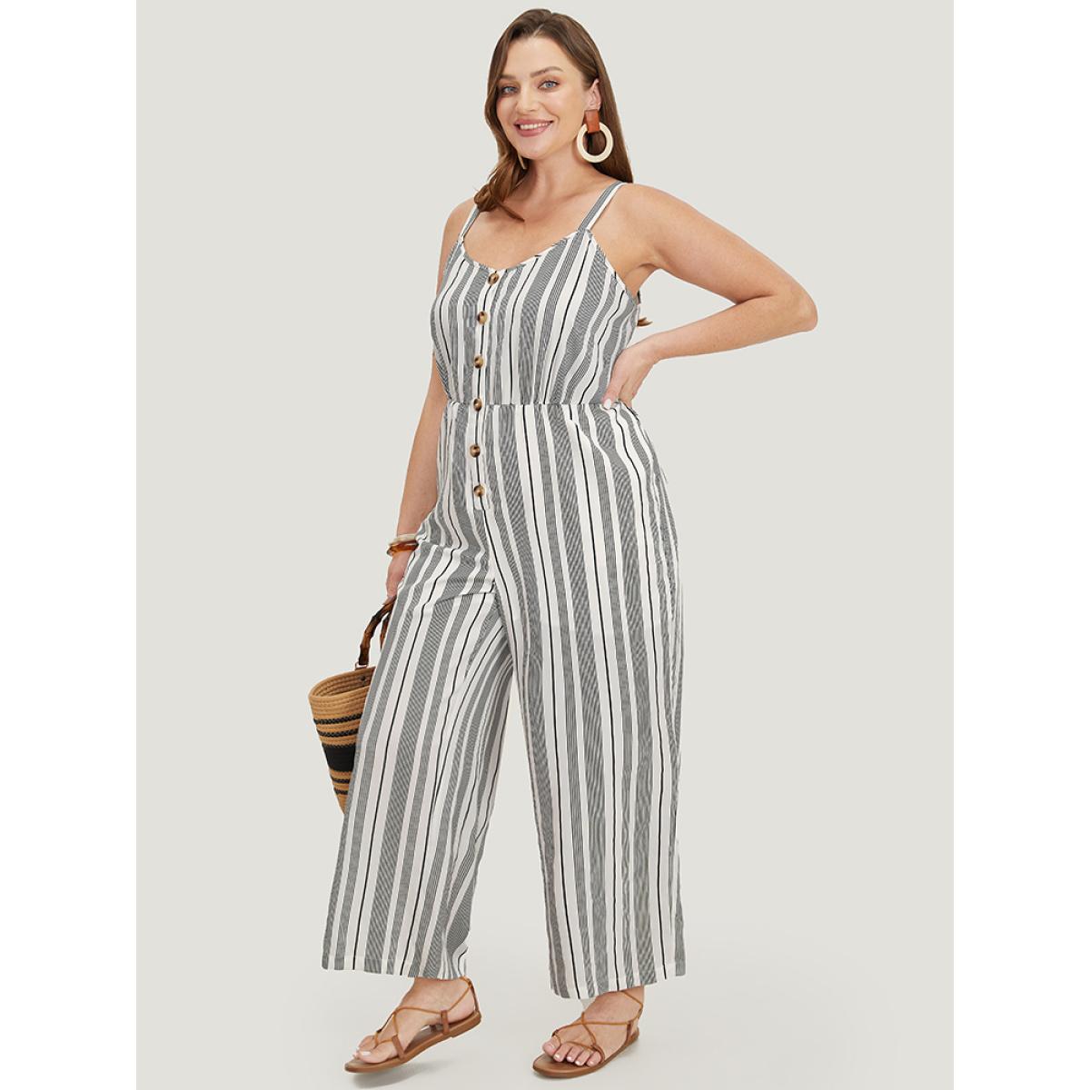 Plus Size White Striped Print Button Pocket Detail Cami Jumpsuit Women Vacation Sleeveless Spaghetti Strap Dailywear Loose Jumpsuits BloomChic 22-24/3X Product Image