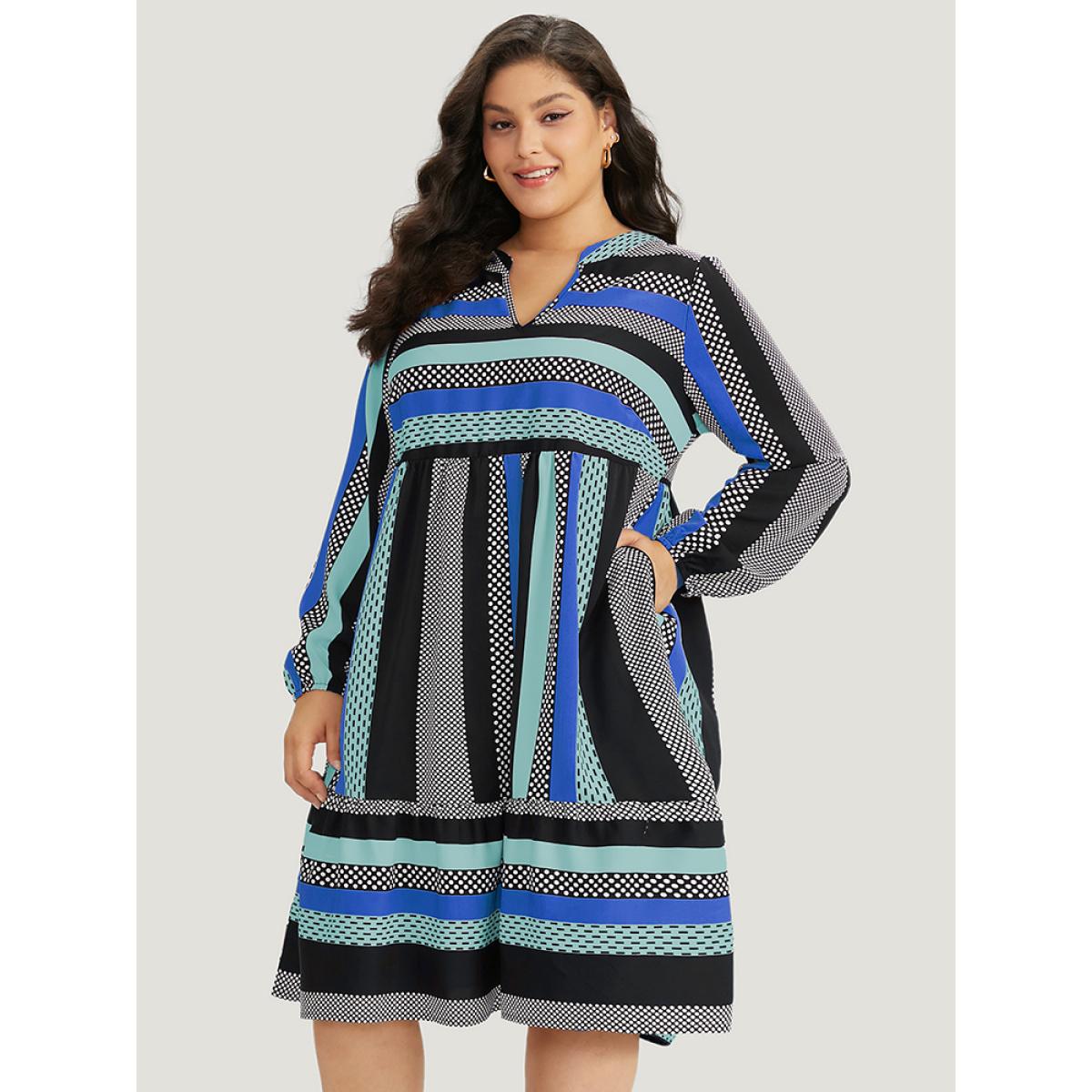 Plus Size Polka Dot & Striped Print Notched Pocket Dress Aegean Women Office Elastic cuffs Notched collar Long Sleeve Curvy Midi Dress BloomChic 26/4X Product Image