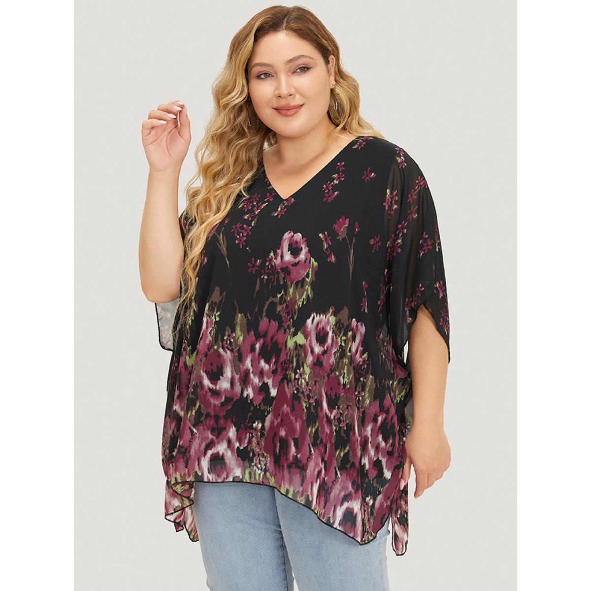 Plus Size RedViolet Pixel Flower Mesh Batwing Sleeve Chiffon Blouse Women Vacation Short sleeve V-neck Dailywear Blouses BloomChic 10/M Product Image