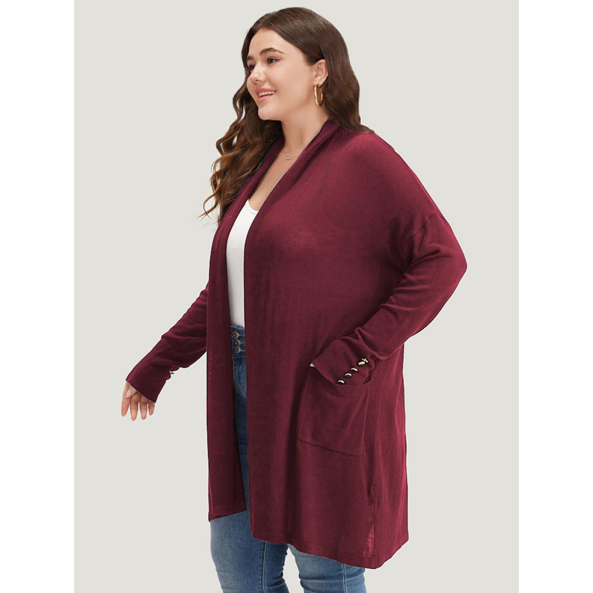 Plus Size Supersoft Essentials Button Detail Lapel Collar Cardigan Burgundy Women Basics Loose Long Sleeve Everyday Cardigans BloomChic 18-20/2X Product Image