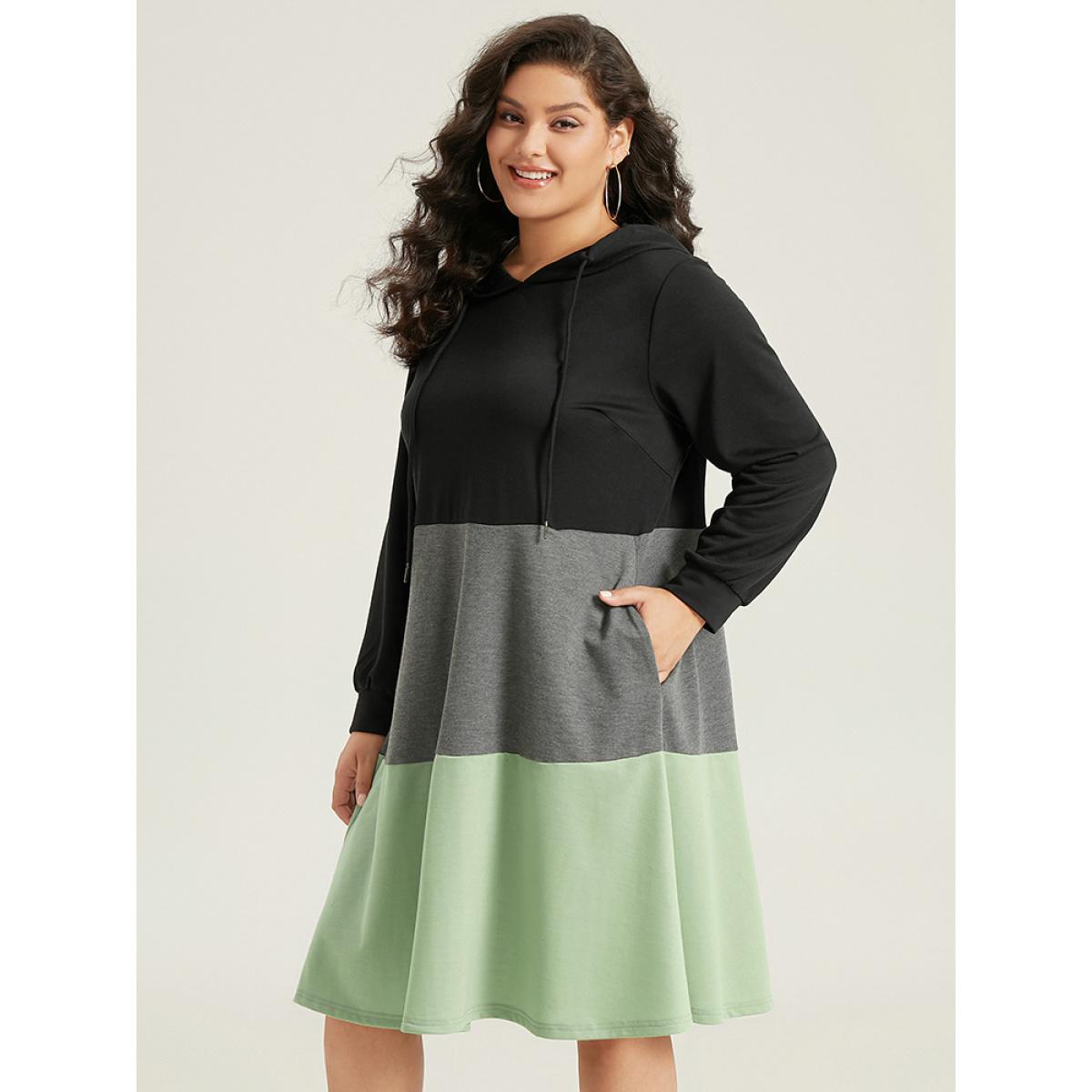 Plus Size Colorblock Contrast Hooded Drawstring Dress Black Women Casual Contrast Hooded Long Sleeve Curvy Midi Dress BloomChic 10/M Product Image