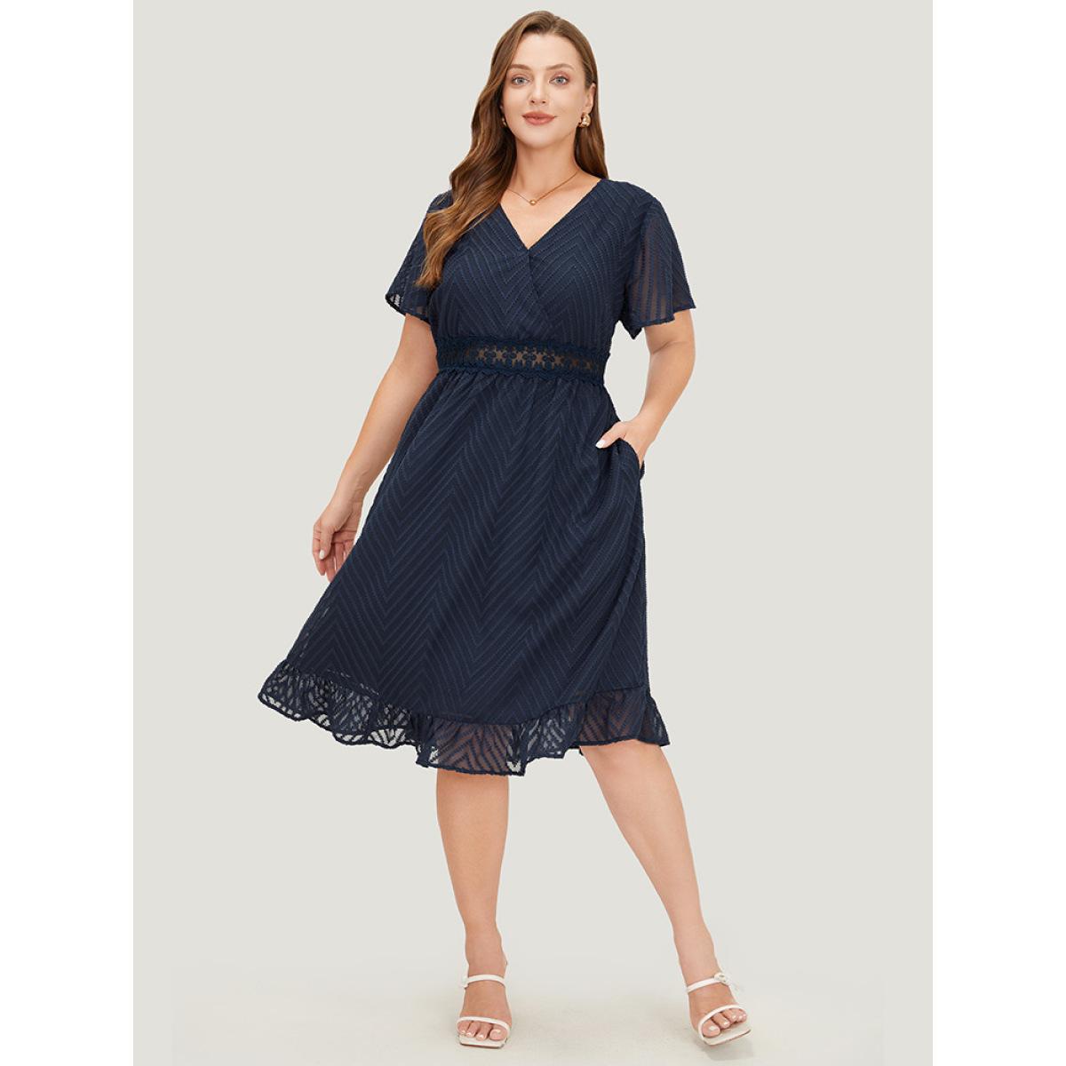 Plus Size Plain Geometric Pocket Wrap Mesh Lace Insert Ruffle Dress Indigo Women Elegant Lined V-neck Short sleeve Curvy Knee Dress BloomChic 30/6X Product Image