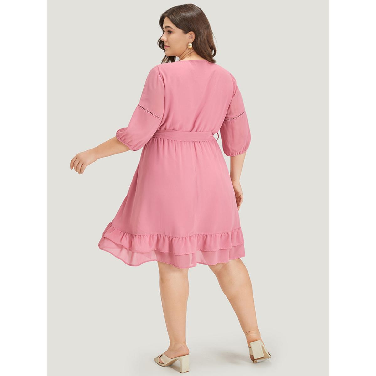Plus Size Lace Panel Ruffle Trim Belted Lantern Sleeve Dress Pink Women Vacation Patchwork V-neck Elbow-length sleeve Curvy Knee Dress BloomChic 26/4X Product Image