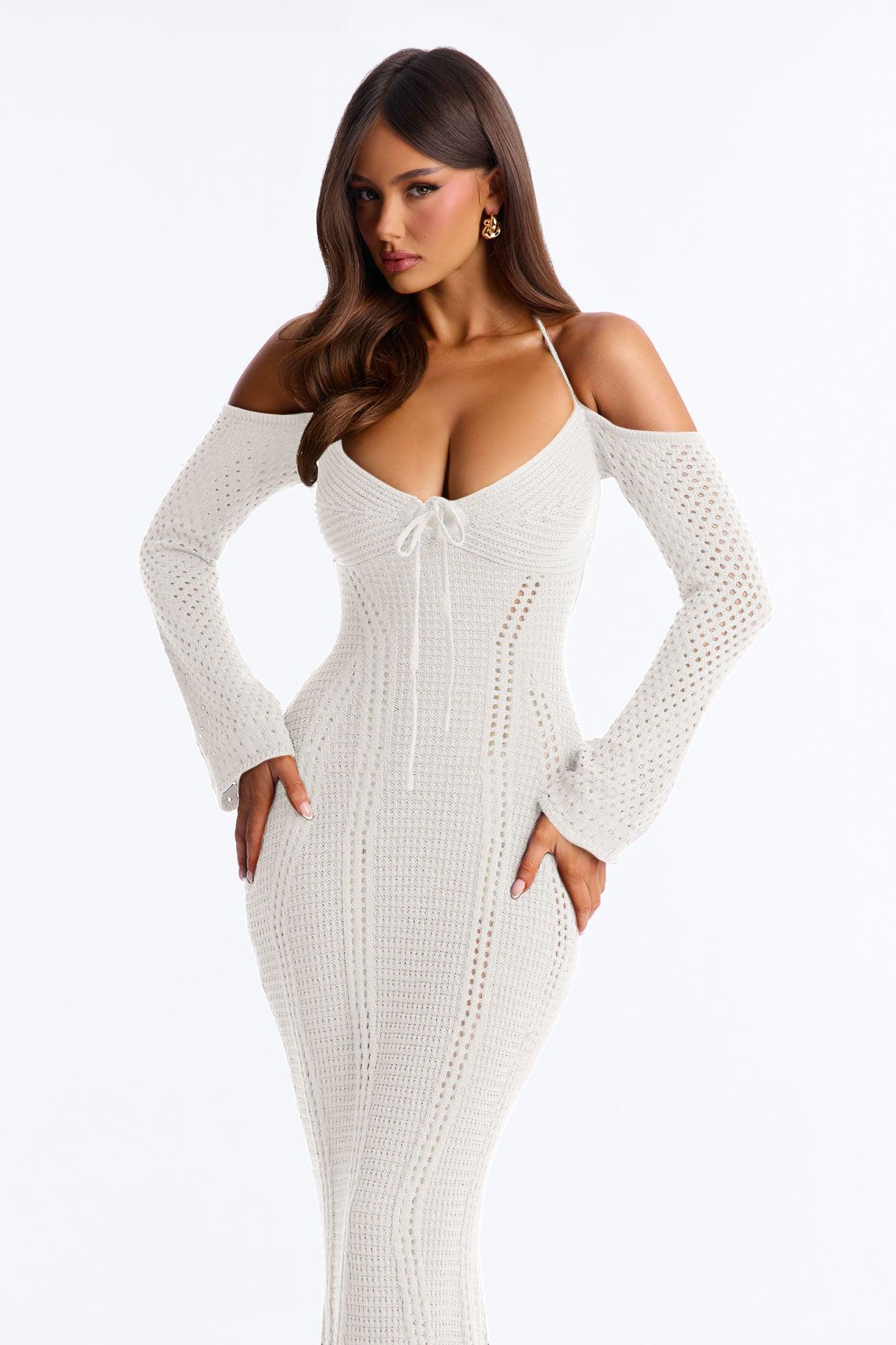 Wanderlust Backless Crochet Maxi Dress - Cream Female Product Image