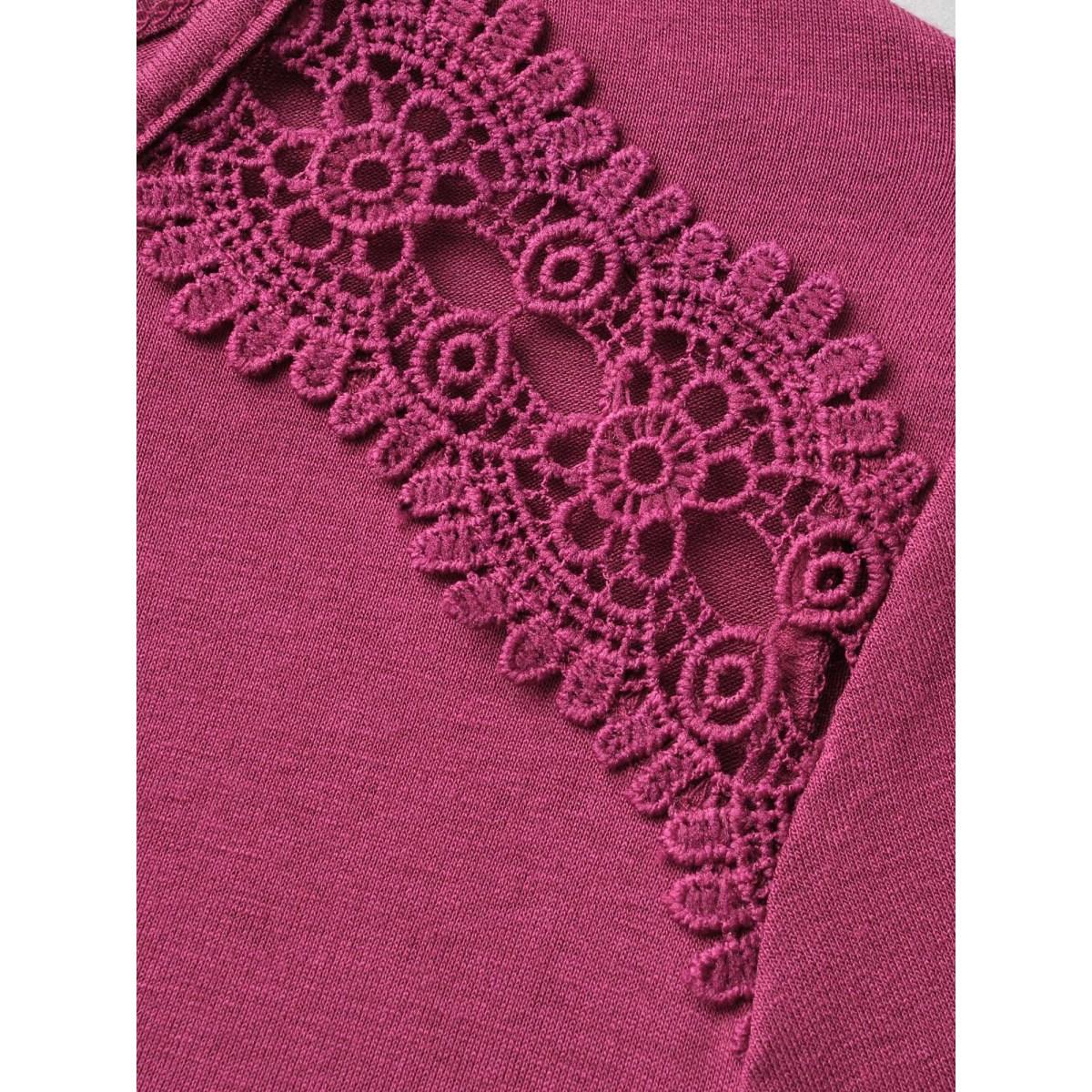 Plus Size Solid V Neck Lace Patchwork T-shirt RedViolet Women Elegant Woven ribbon&lace trim V-neck Everyday T-shirts BloomChic 14-16/1X Product Image