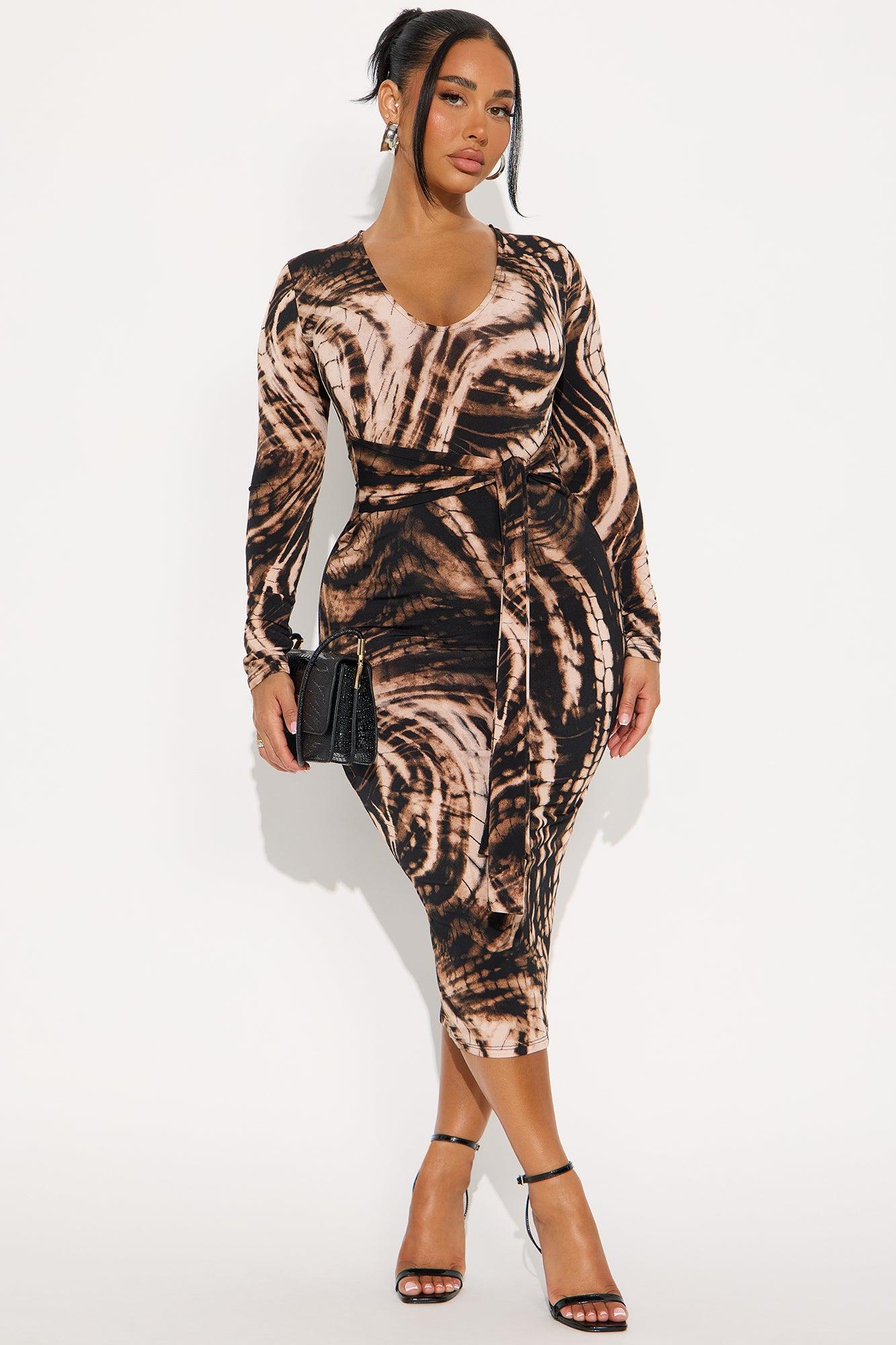 Lizzy Printed Long Sleeve Midi Dress - Brown/combo Female Product Image
