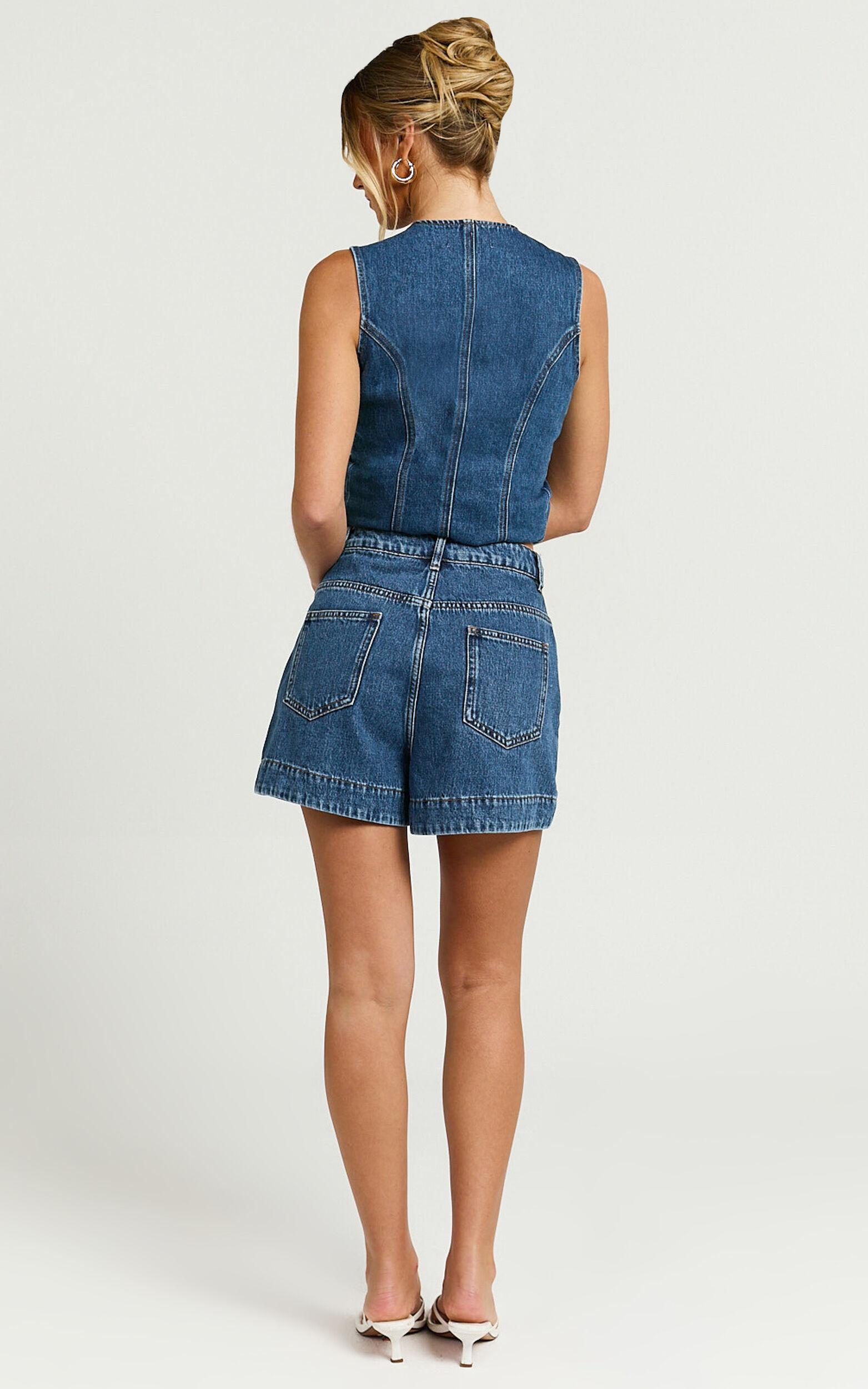 Rhianna Shorts - Mid Waist Recycled Denim Shorts in Dark Blue Wash Product Image