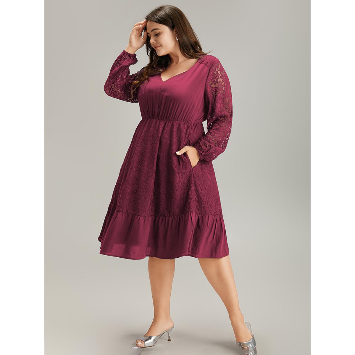 Plus Size Lace Panel Mesh Flutter Hem Dress Burgundy Women Elegant Elastic cuffs V-neck Long Sleeve Curvy Midi Dress BloomChic 22-24/3X Product Image