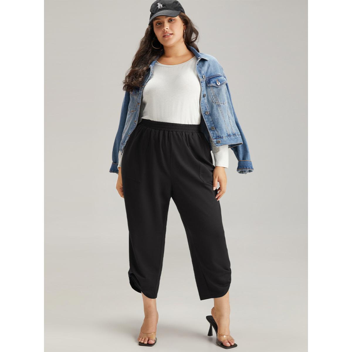 Plain Elastic Waist Button Detail Sweatpant Black Plus Size Women Casual Dailywear Plain 10/M Bloomchic Product Image