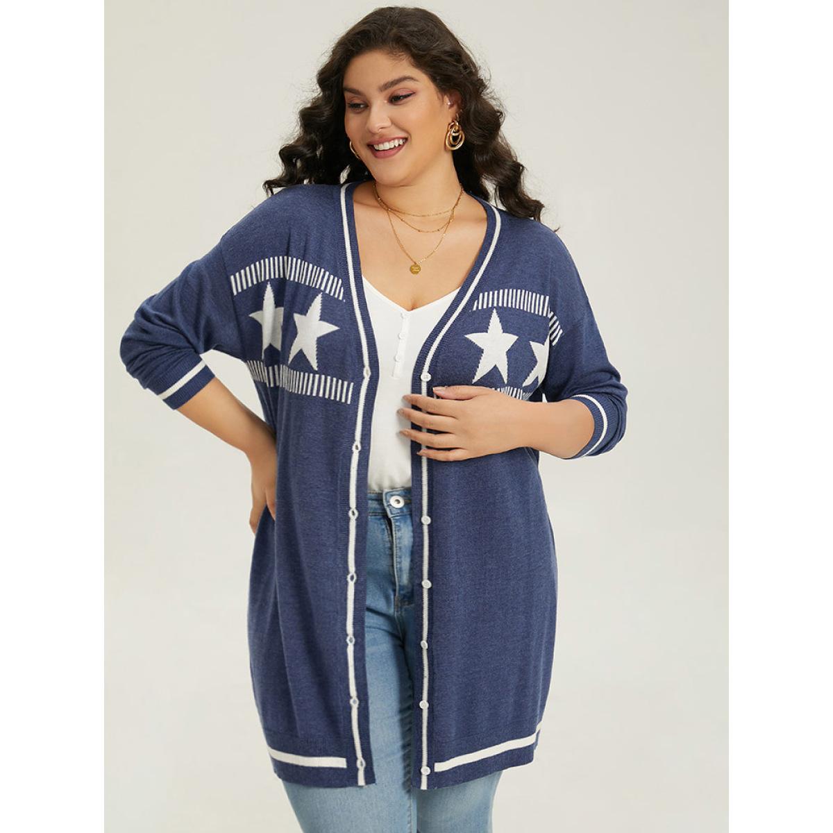Plus Size Supersoft Essentials Star Contrast Trim Button Through Cardigan Aegean Women Casual Loose Long Sleeve Dailywear Cardigans BloomChic 30/6X Product Image