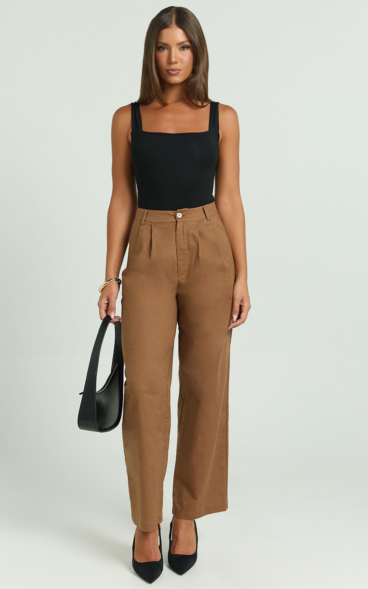 Celenia Linen Blend Pants - High Waisted Wide Leg Pants in Tobacco Product Image