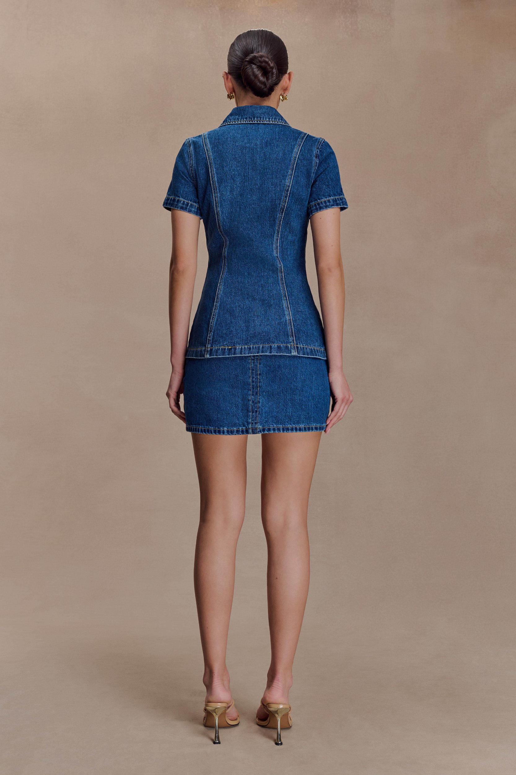 Ellie Denim Short Sleeve Top - Dark Blue Product Image