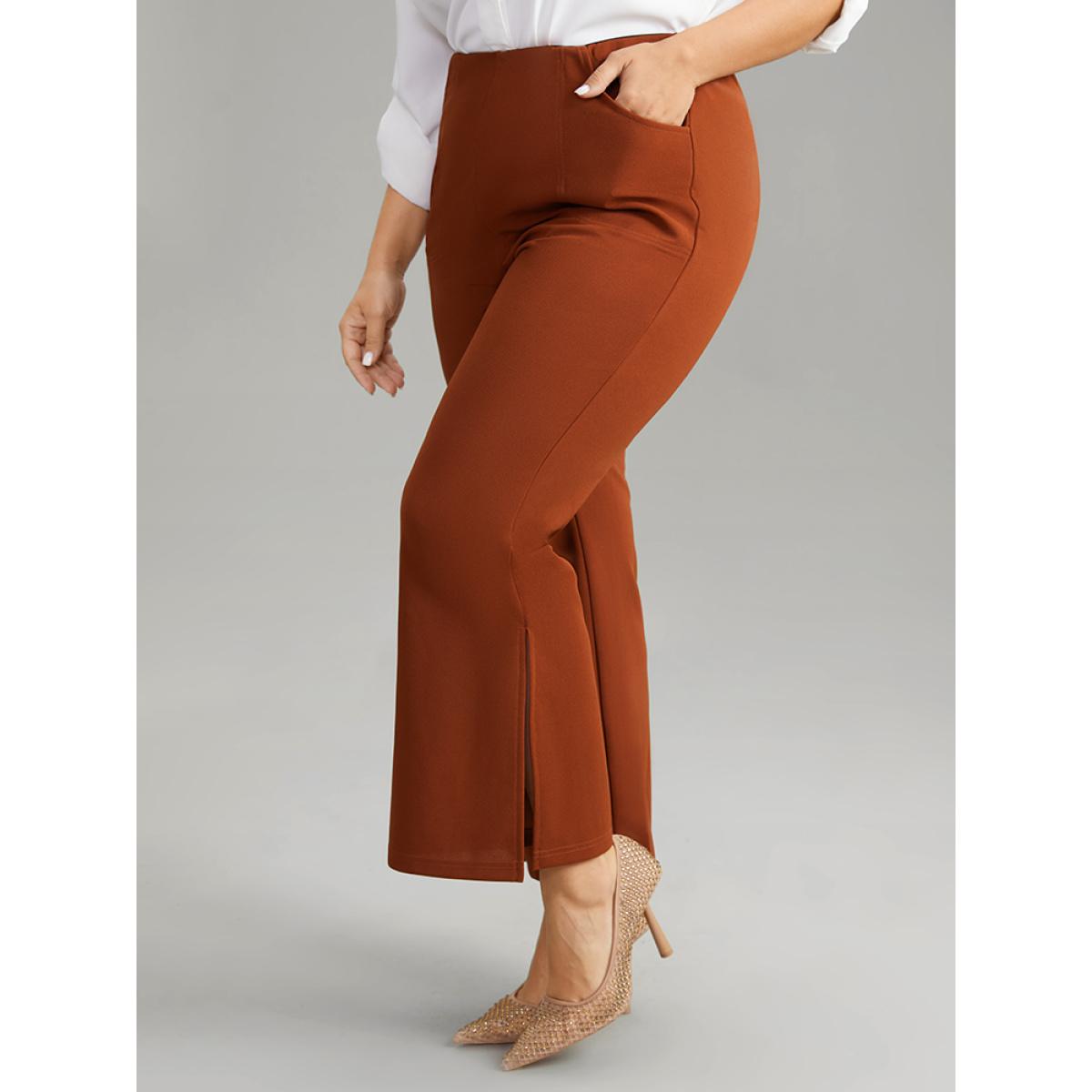 Plus Size Plain Split Side Pocket Pants Women Rust Elegant Flare Leg High Rise Dailywear Pants BloomChic 10/M Product Image