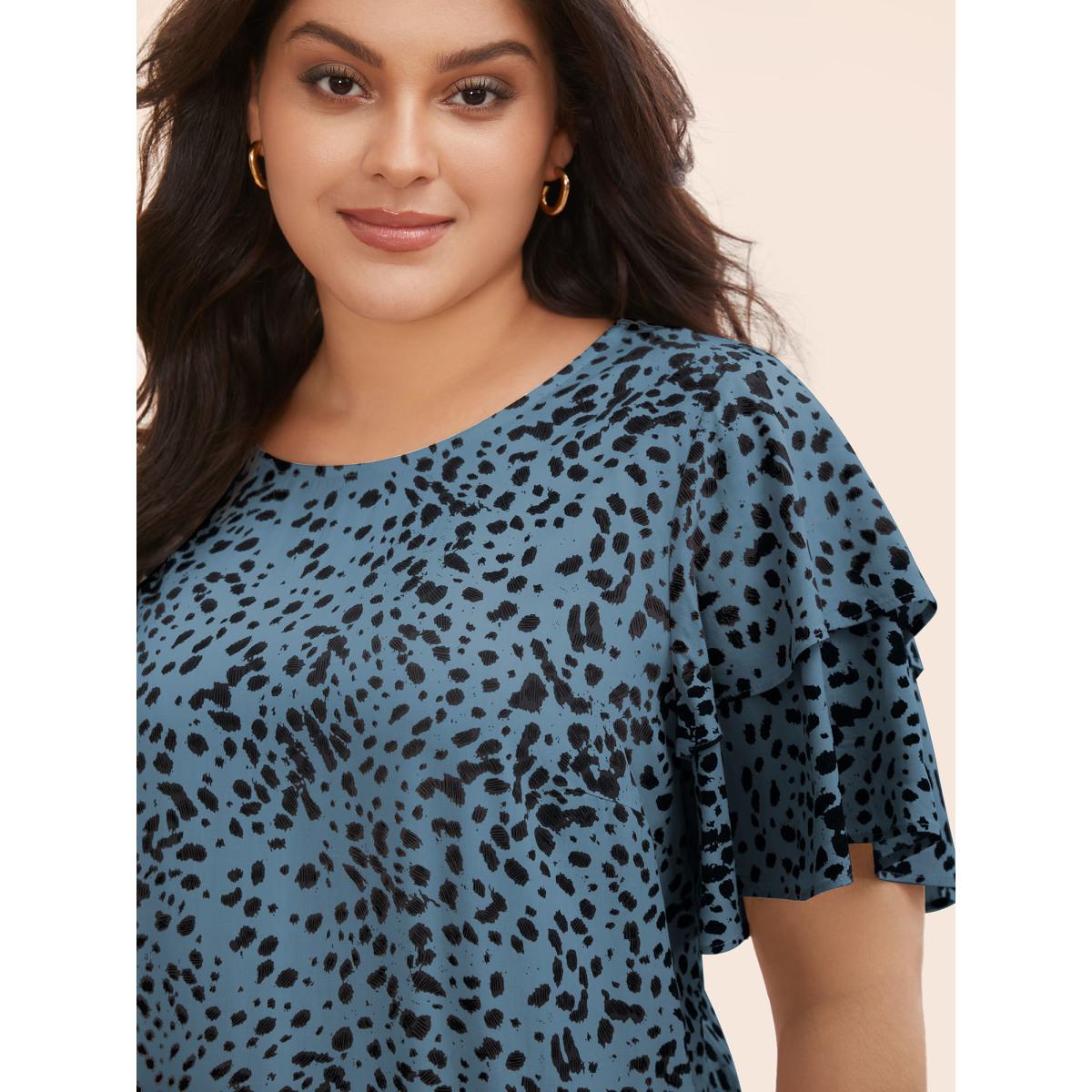 Plus Size Stone Leopard Crew Neck Ruffle Tiered Sleeve Blouse Women Elegant Short sleeve Round Neck Everyday Blouses BloomChic 14-16/1X Product Image