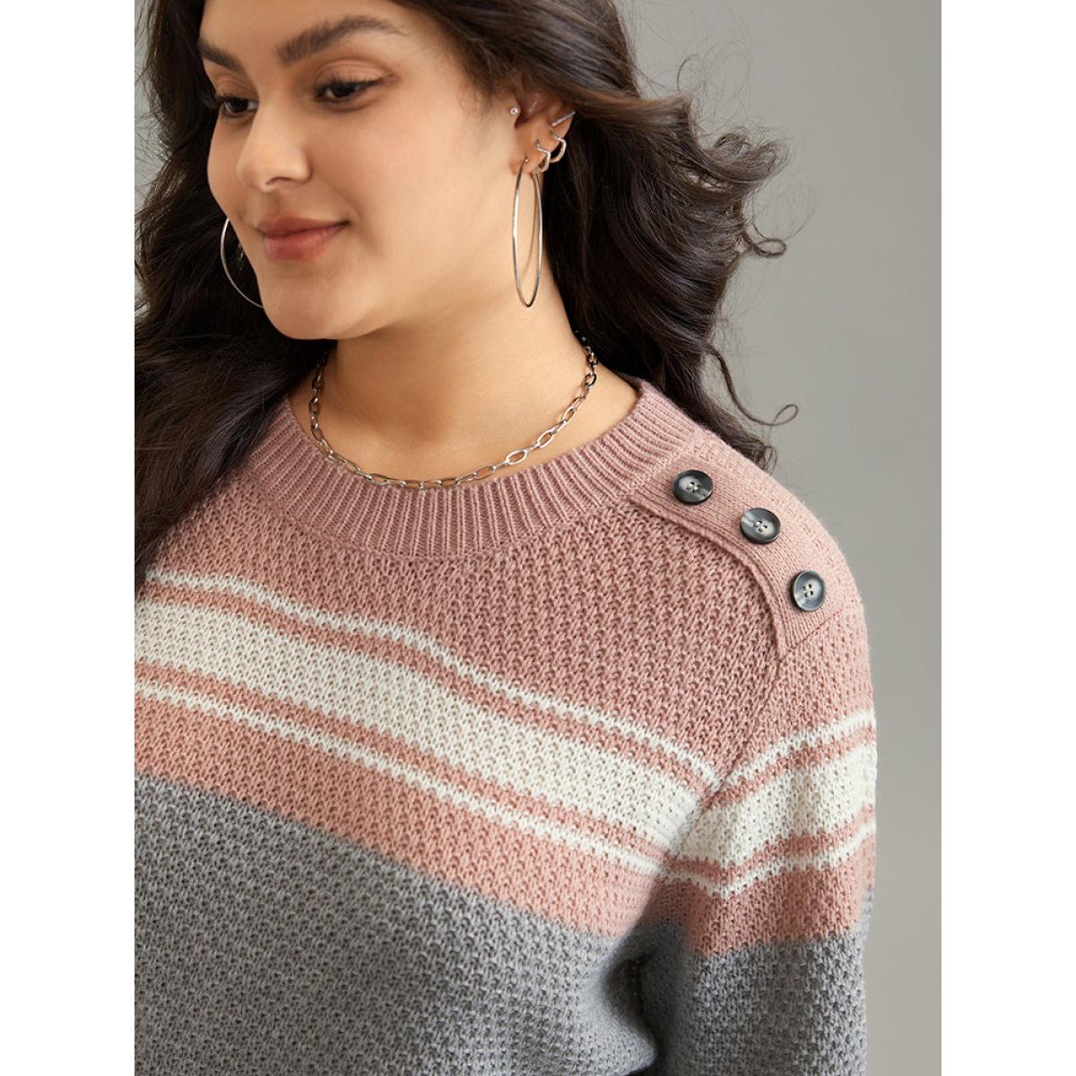 Plus Size Colorblock Button Detail Plisse Pullover Multicolor Women Casual Loose Long Sleeve Round Neck Dailywear Pullovers BloomChic 18-20/2X Product Image