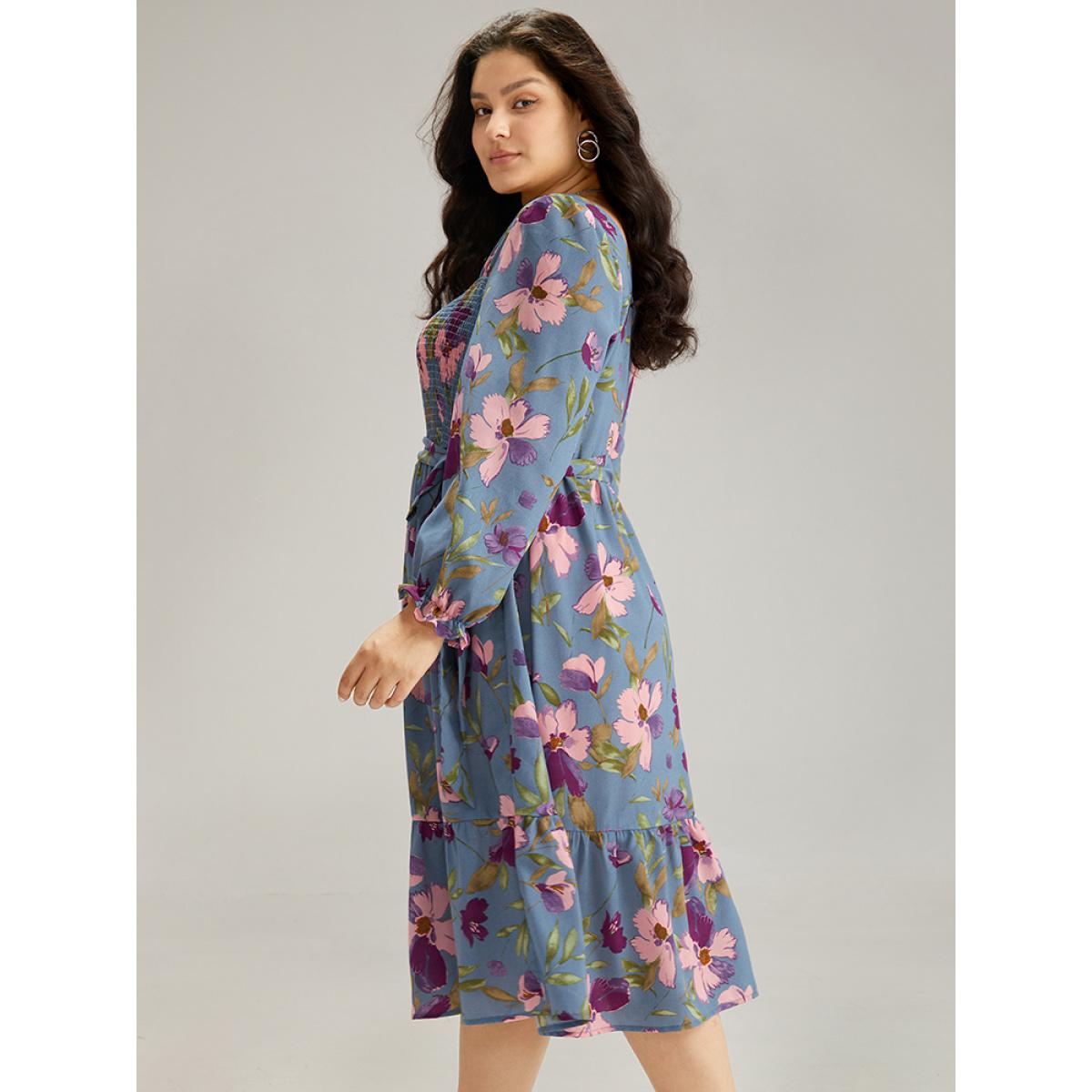 Plus Size Floral Print Puff Sleeve Belted Shirred Dress Stone Women Elegant Elastic cuffs Square Neck Long Sleeve Curvy Midi Dress BloomChic 22-24/3X Product Image