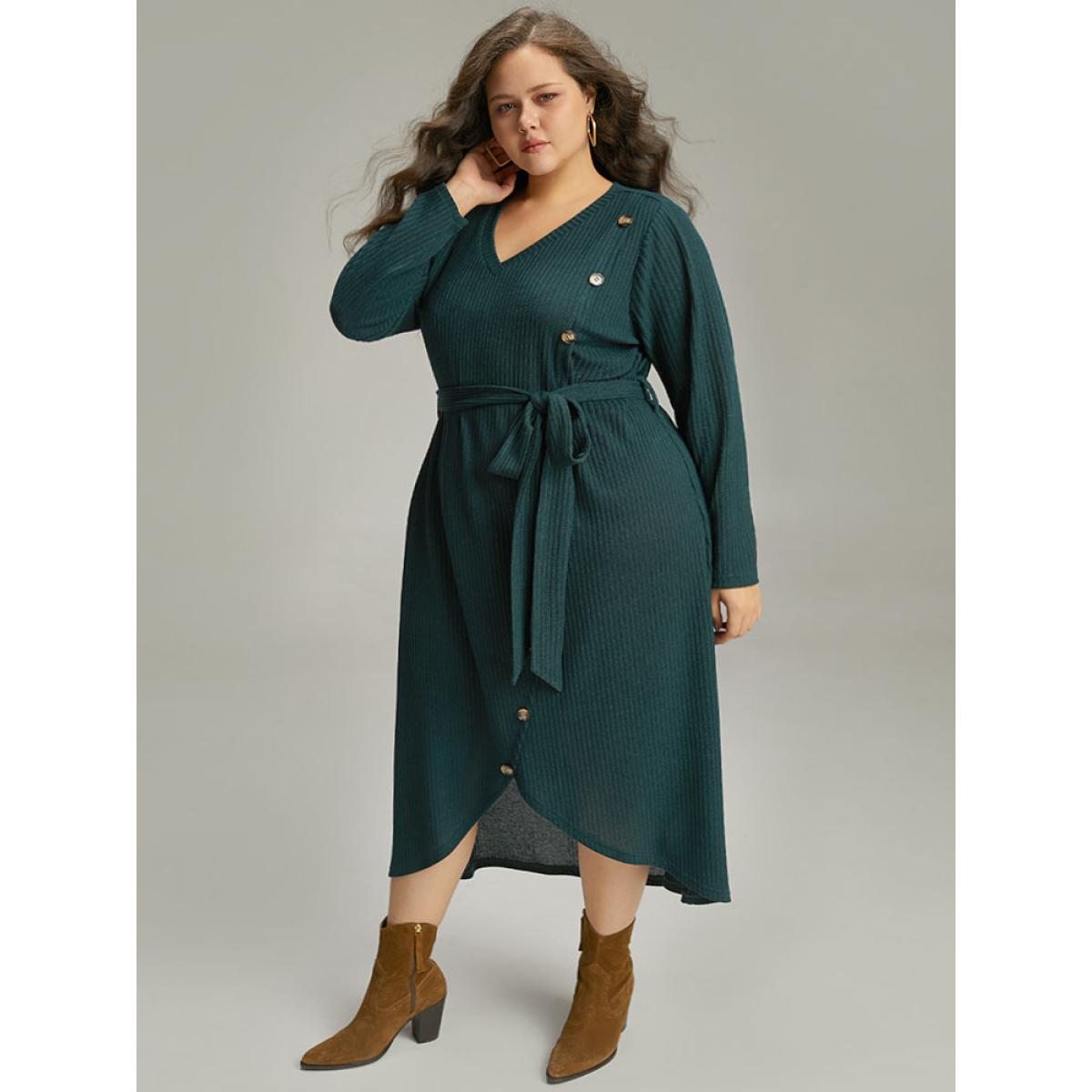 Plus Size Rib Knit Button Detail Belted Wrap Hem Dress Cyan Women Casual Texture V-neck Long Sleeve Curvy Midi Dress BloomChic 14-16/1X Product Image