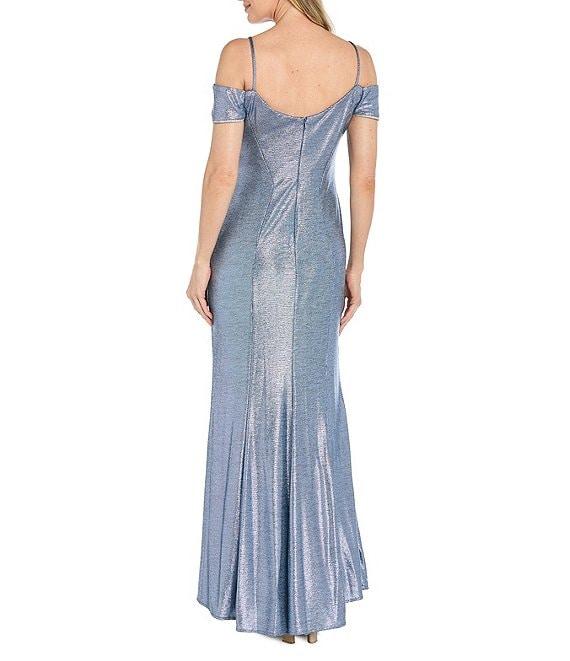 R & M Richards Rhinestone Trim Banded Cold Shoulder Side Drape Dress Product Image