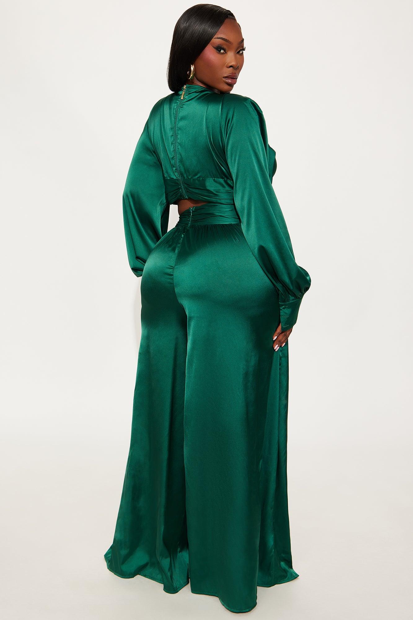 Show Stopper Satin Long Sleeve Jumpsuit - Emerald Female Product Image