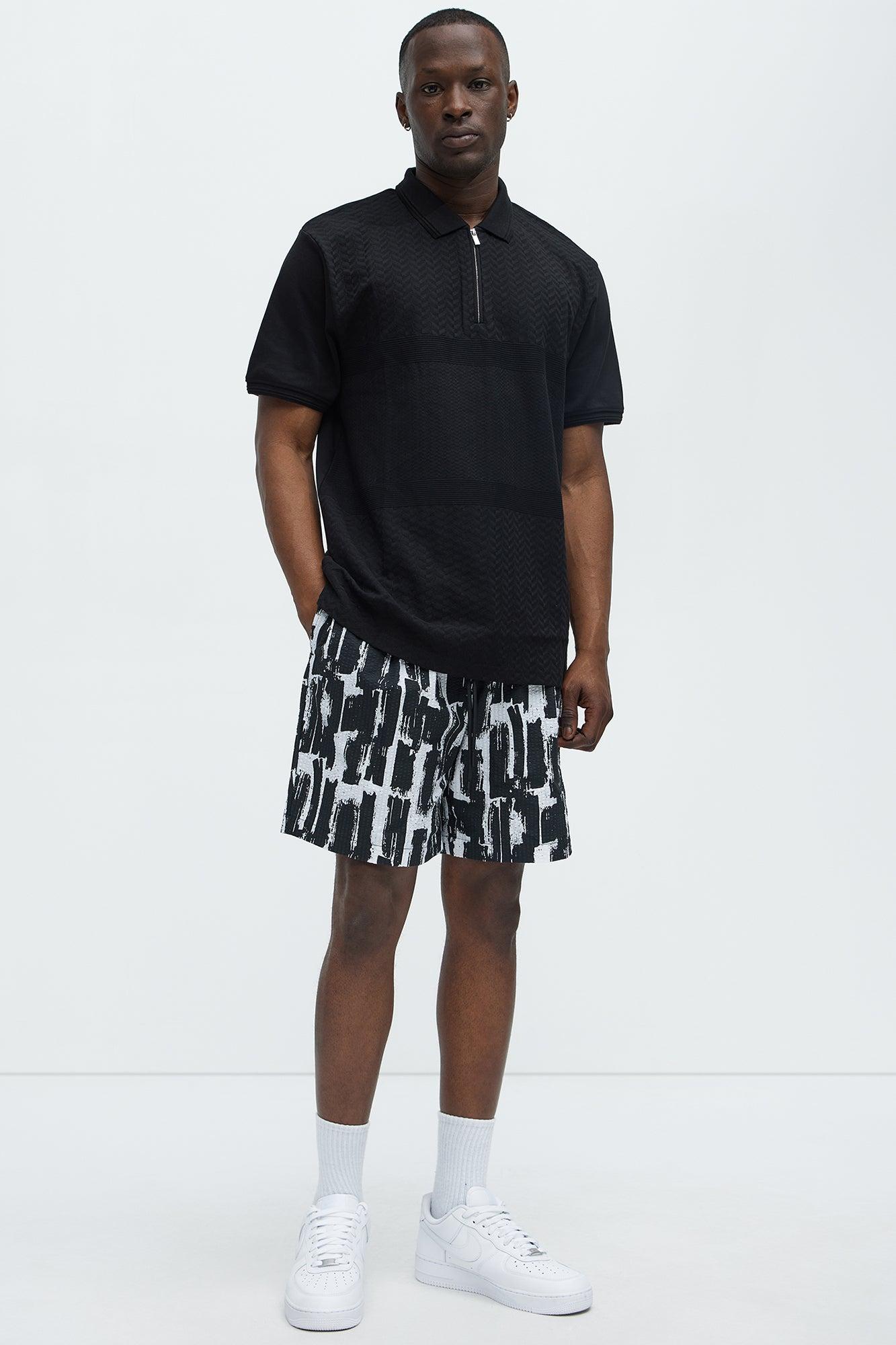 Textured Zip Collar Short Sleeve Polo - Black Product Image