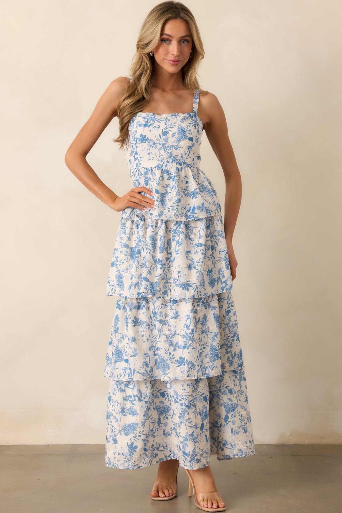 Happy To Be Here Blue Floral Embroidered Eyelet Maxi Dress Product Image