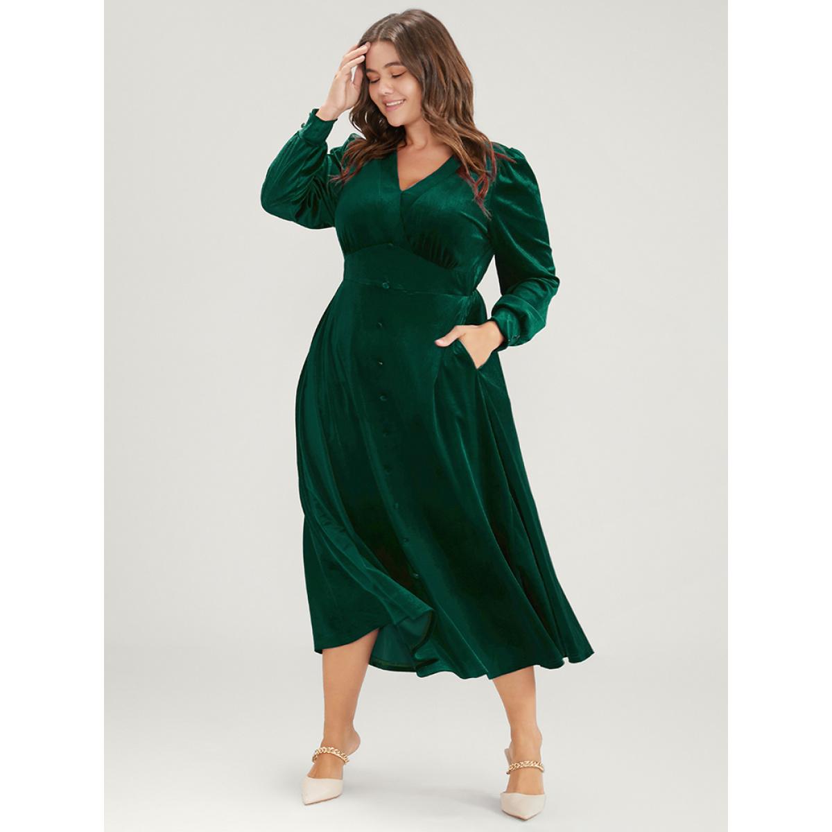Plus Size Solid V Neck Button Detail Pocket Velvet Dress Green Women Glamour Button V-neck Long Sleeve Curvy Midi Dress BloomChic 10/M Product Image