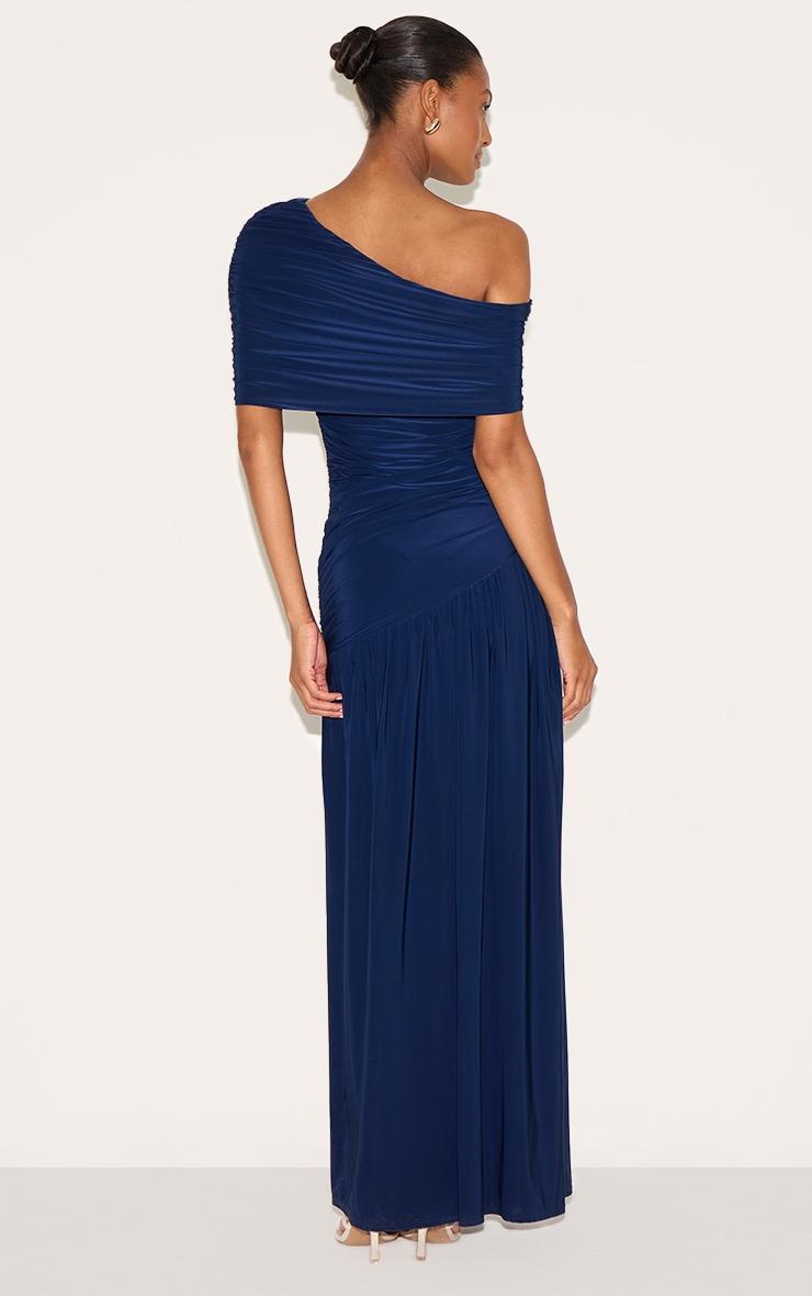 Navy Double Layer Slinky Bardot One Shoulder Ruched Maxi Dress Product Image