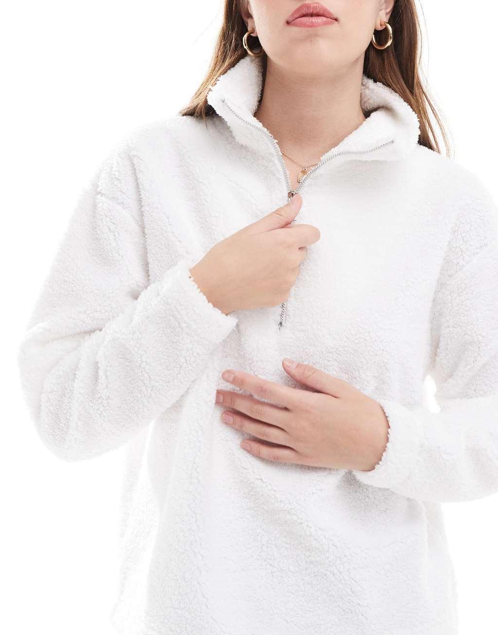 Threadbare striped pants lounge set with borg quarter zip top in white Product Image