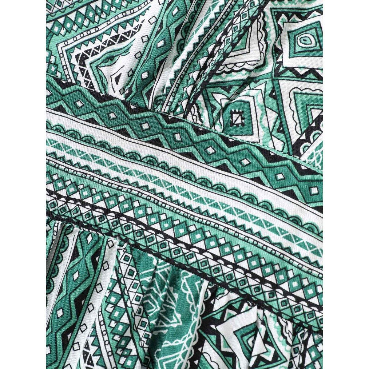 Plus Size Bandana Print Shirred Patchwork Hem Maxi Dress Emerald Women Resort V-neck Short sleeve Curvy BloomChic 30/6X Product Image