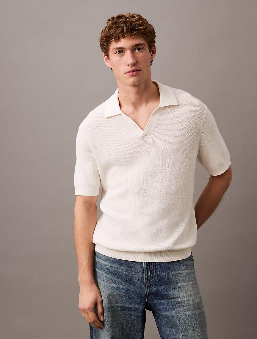 Textured Cotton Johnny Collar Polo Sweater Product Image